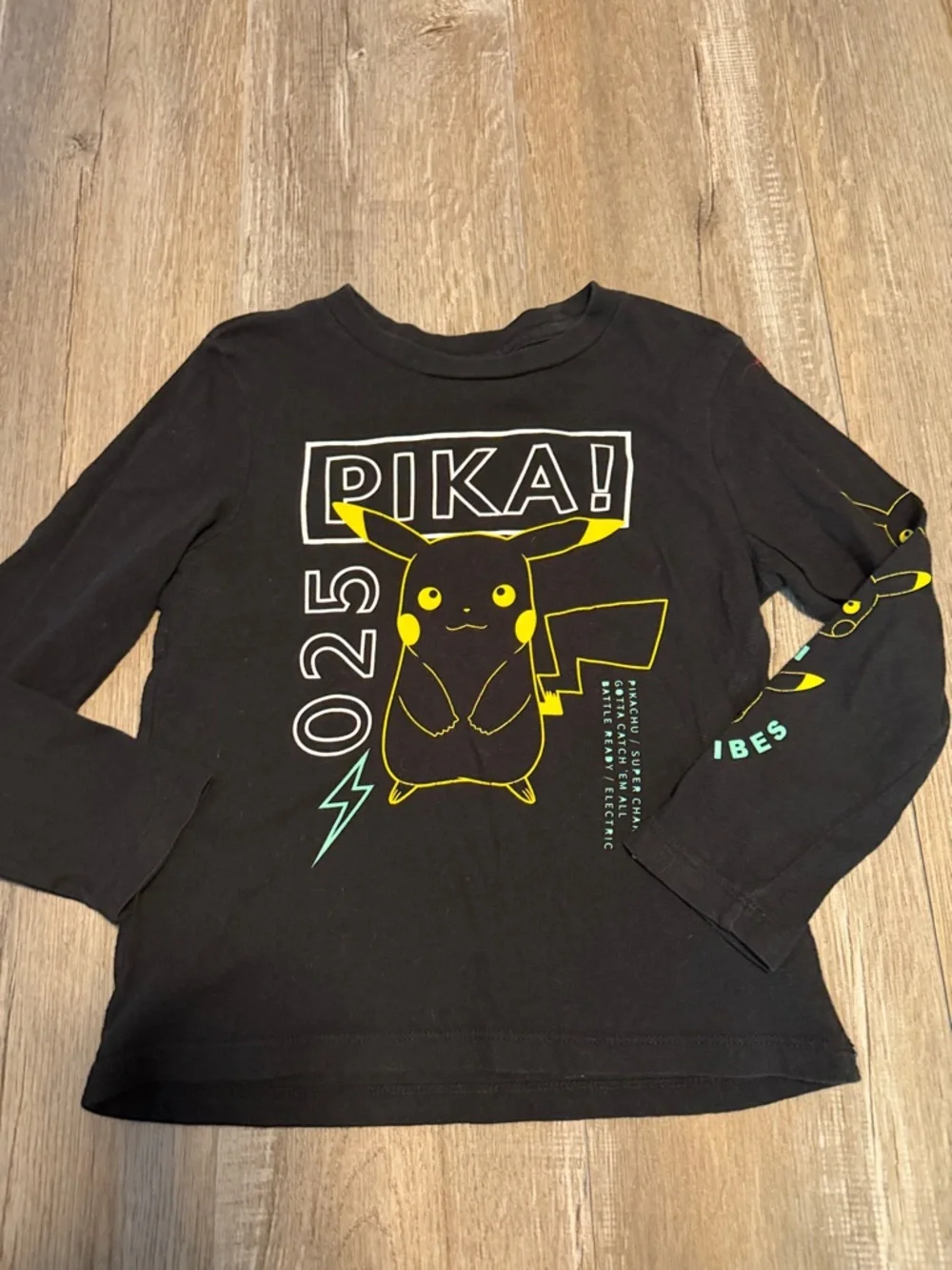 Old Navy Black Long Sleeve Pikachu Graphic Tee with Neon Yellow Accents